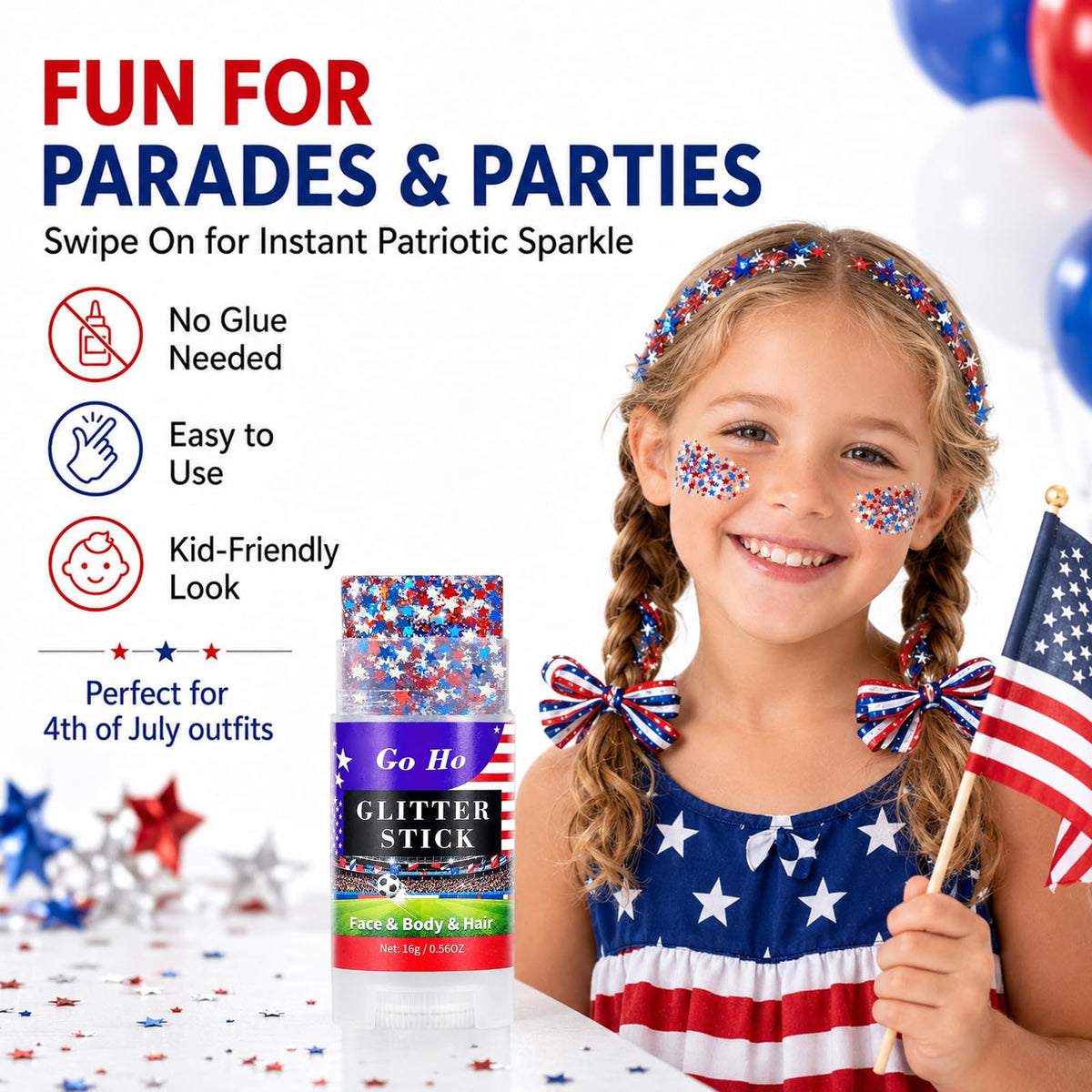 Go Ho Glitter Stick applied on skin showing red, white, and blue