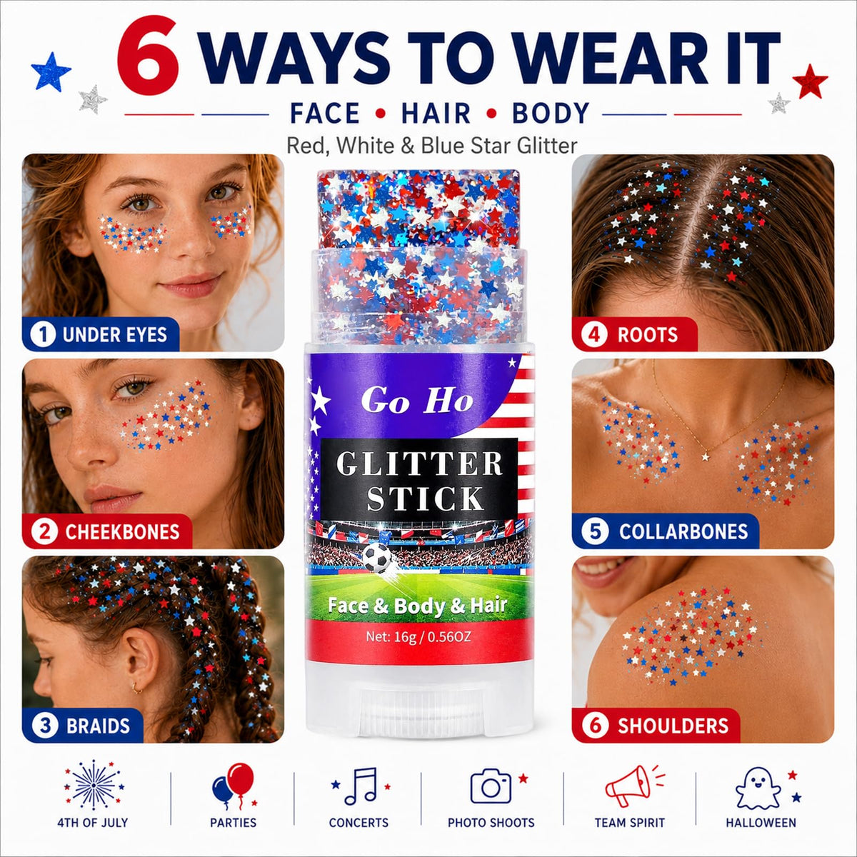 Go Ho Glitter Stick packaging with patriotic design