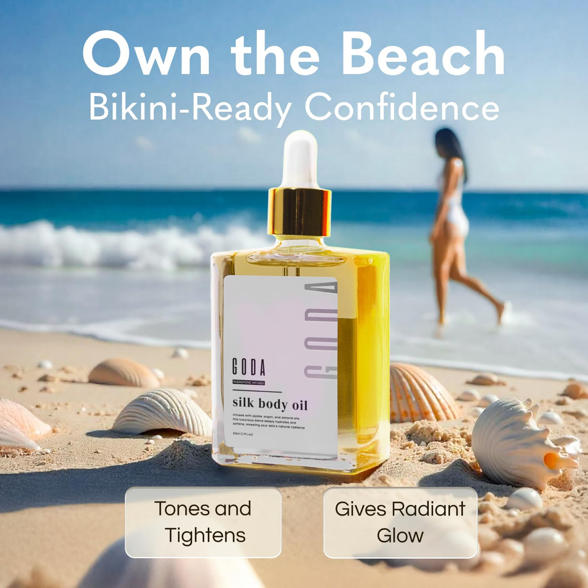 GODA Silk Body Oil 200g on a bathroom counter after shower