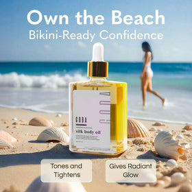 GODA Silk Body Oil 200g on a bathroom counter after shower