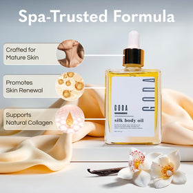 GODA Silk Body Oil 200g with a lavender flower and cacao