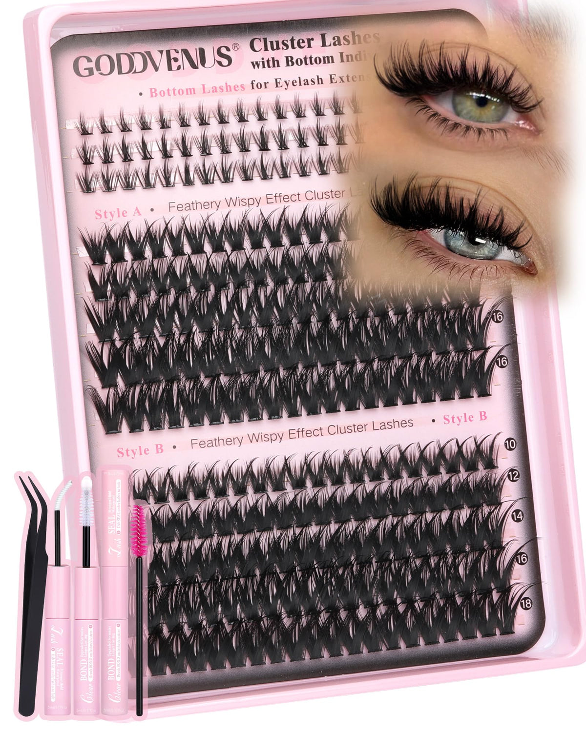 Goddvenus Wispy Eye Lash Clusters Kit front view with various lash styles