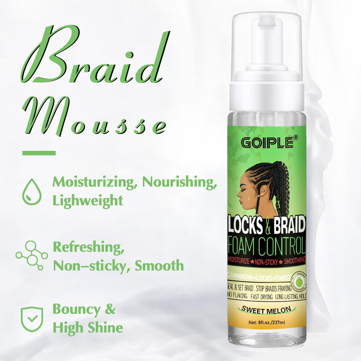 Goiple Braid Mousse 8 fl oz side view showing nozzle