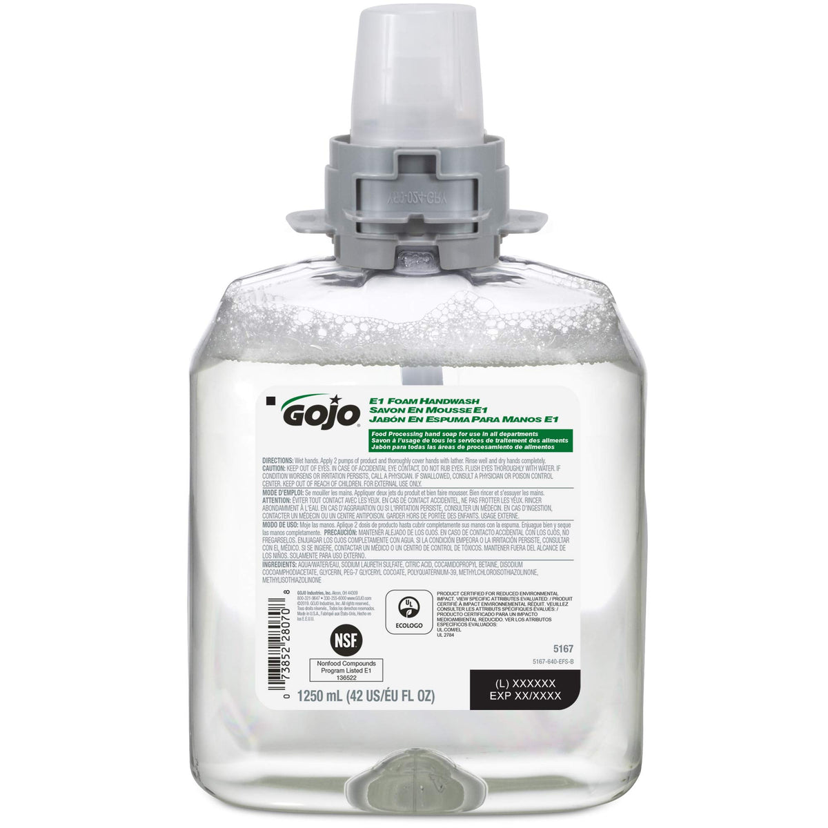 GOJO E1 Foam Soap Refill 1250 mL bottle back view