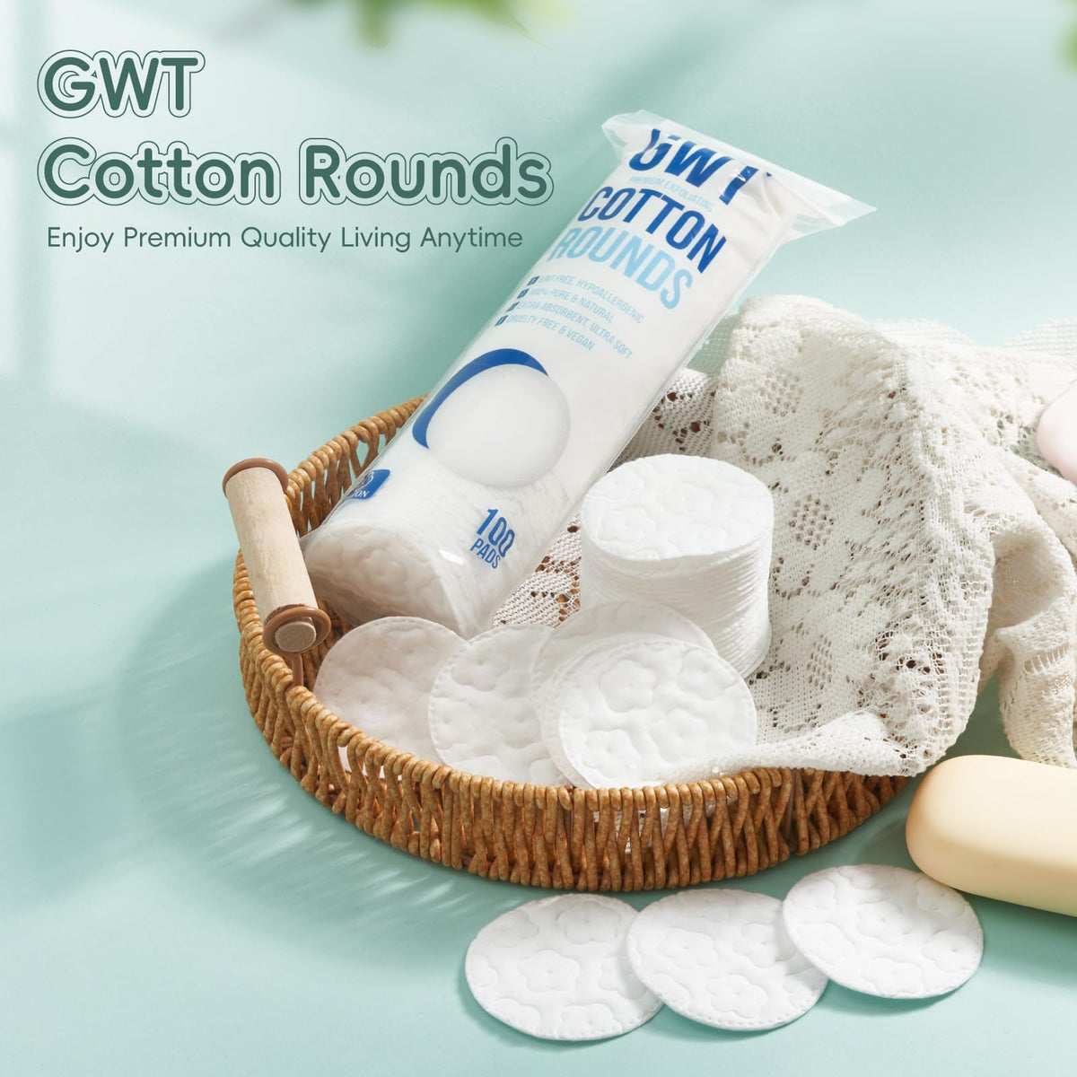Gold Water Trading Cotton Rounds with skincare products