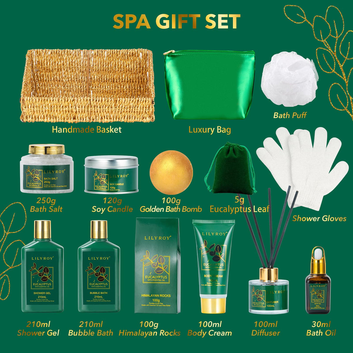 Golden bath bomb and bath salt included in the gift set