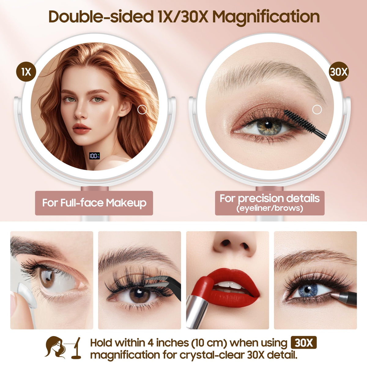 GOMIPURU Makeup Magnifying Mirror showing 30X magnification