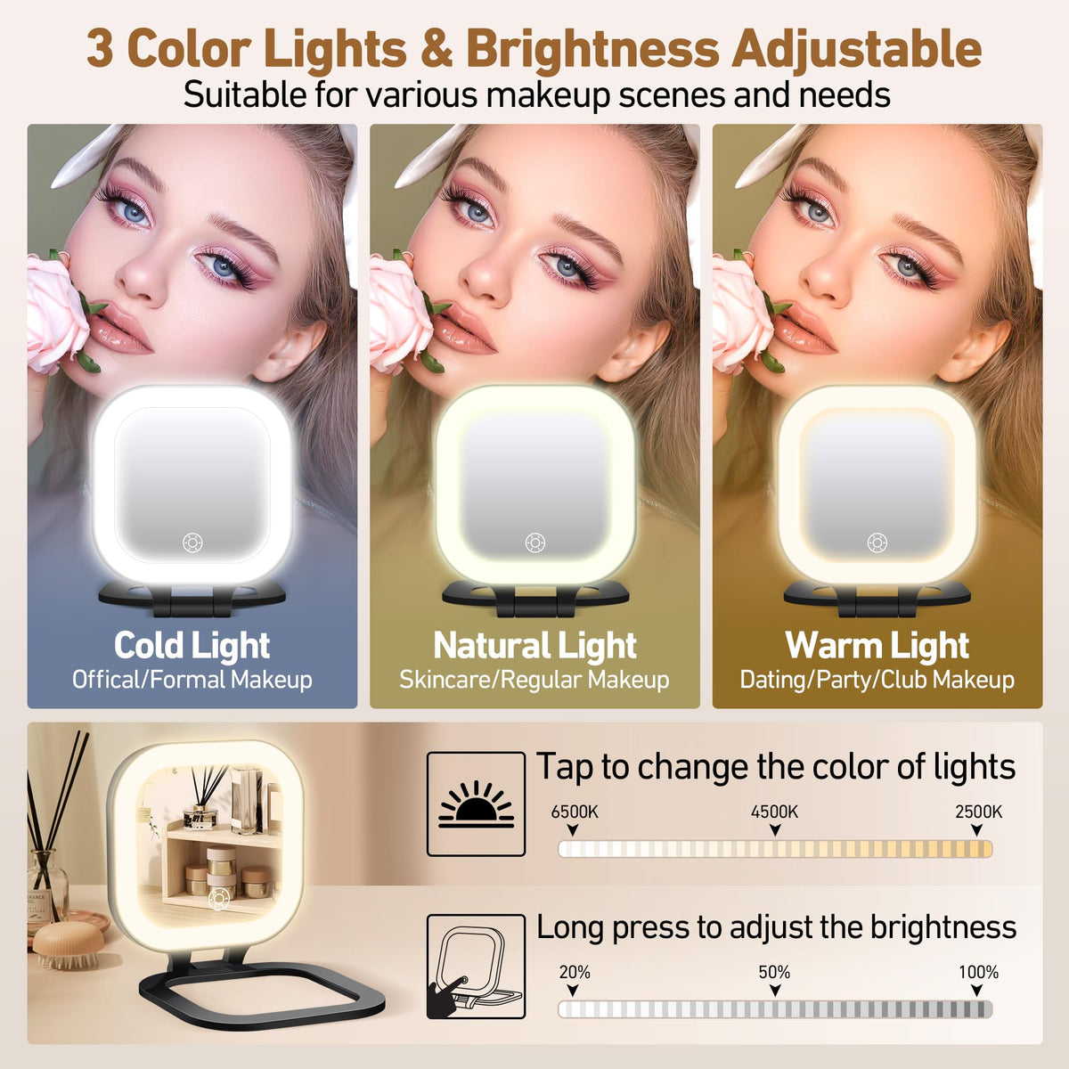 GOMIPURU Travel Mirror with adjustable brightness
