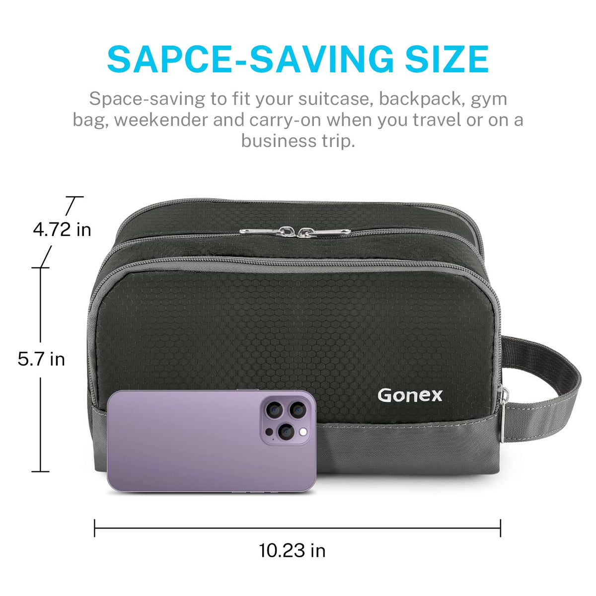 Gonex Toiletry Bag dimensions displayed next to a travel suitcase