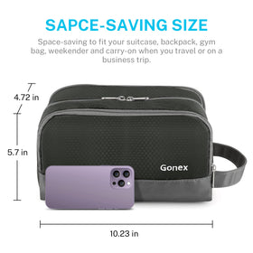 Gonex Toiletry Bag dimensions displayed next to a travel suitcase