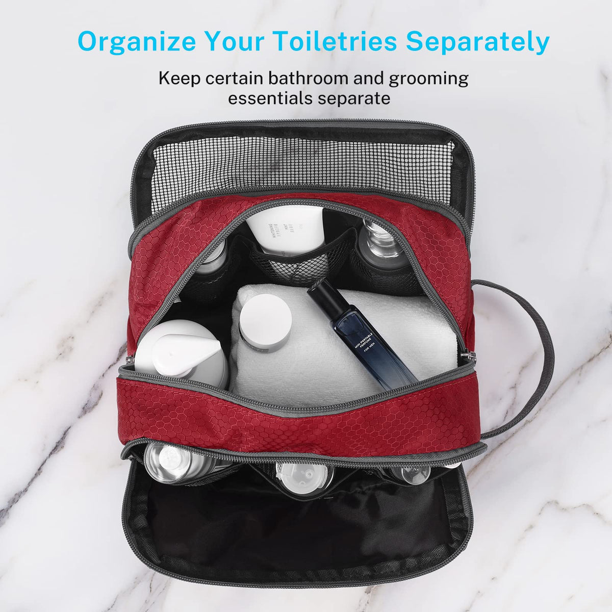 Gonex Toiletry Bag packed with toiletries for travel