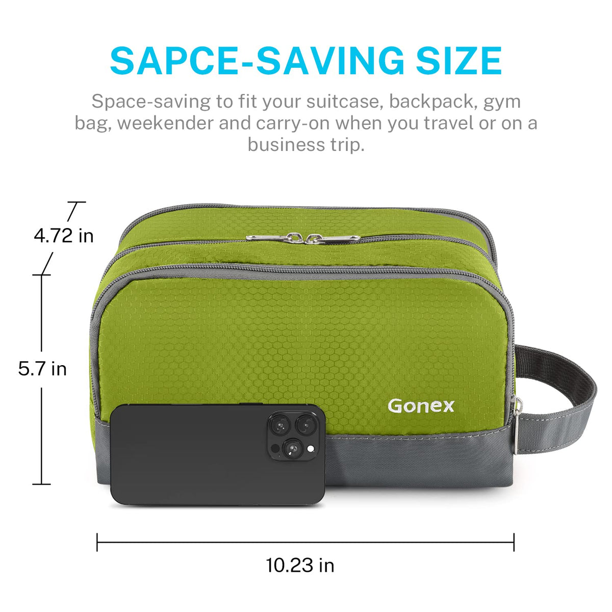 Gonex Travel Toiletry Bag dimensions displayed