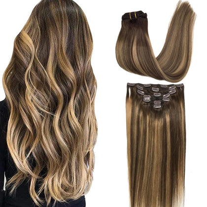 GOO GOO Clip in Hair Extensions 12inch 85g balayage chocolate brown to caramel blonde front view