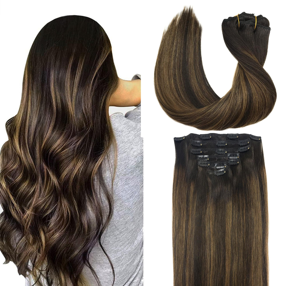 GOO GOO Clip in Hair Extensions 12inch Balayage Dark Brown to Chestnut Brown front view