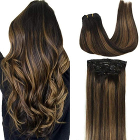 GOO GOO Clip in Hair Extensions 12inch balayage natural black to chestnut brown front view