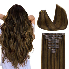 GOO GOO Clip in Hair Extensions 14inch 130g Brown Sugar Swirl Highlights front view
