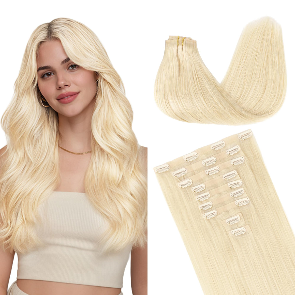 GOO GOO Clip in Hair Extensions 14inch 130g in Bleach Blonde front view