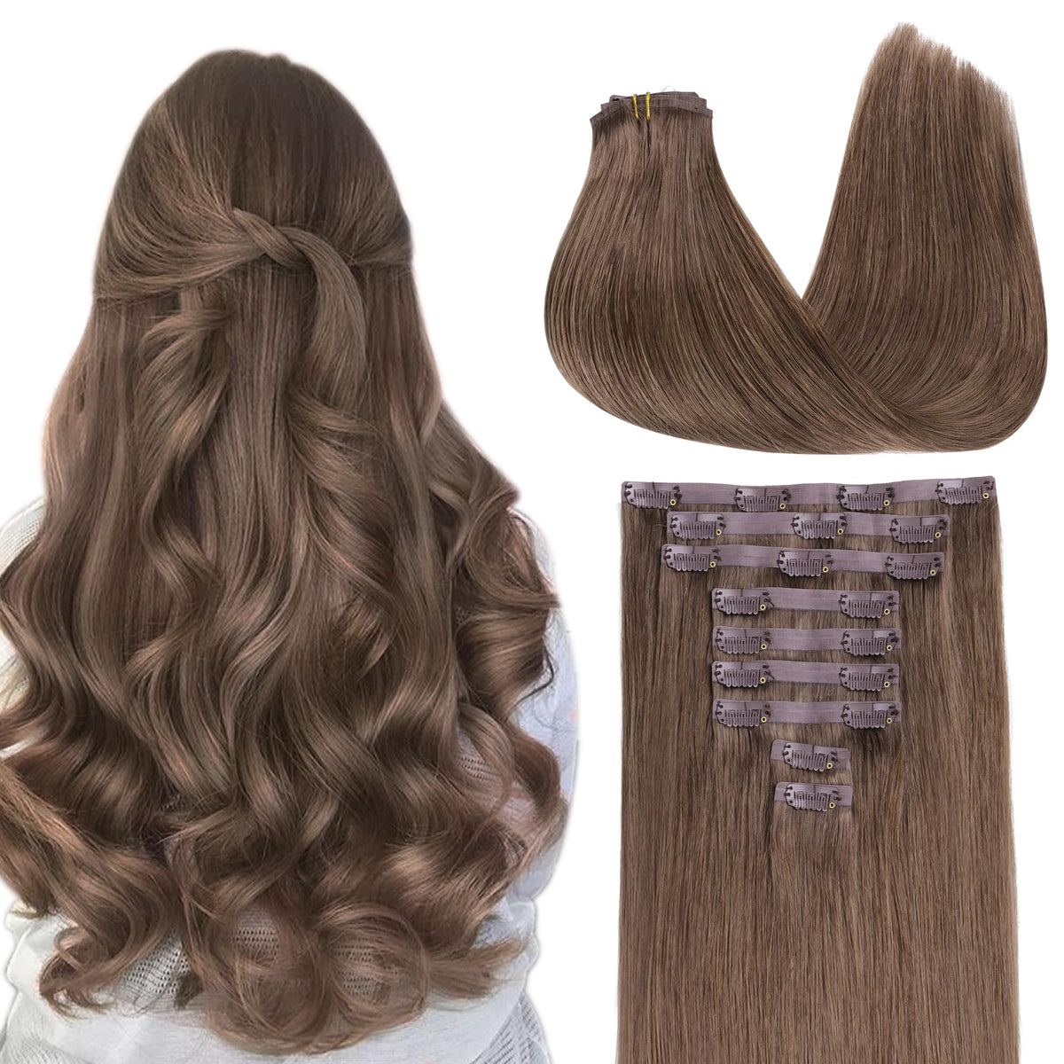 GOO GOO Clip in Hair Extensions 14inch 130g Light Ash Brown front view