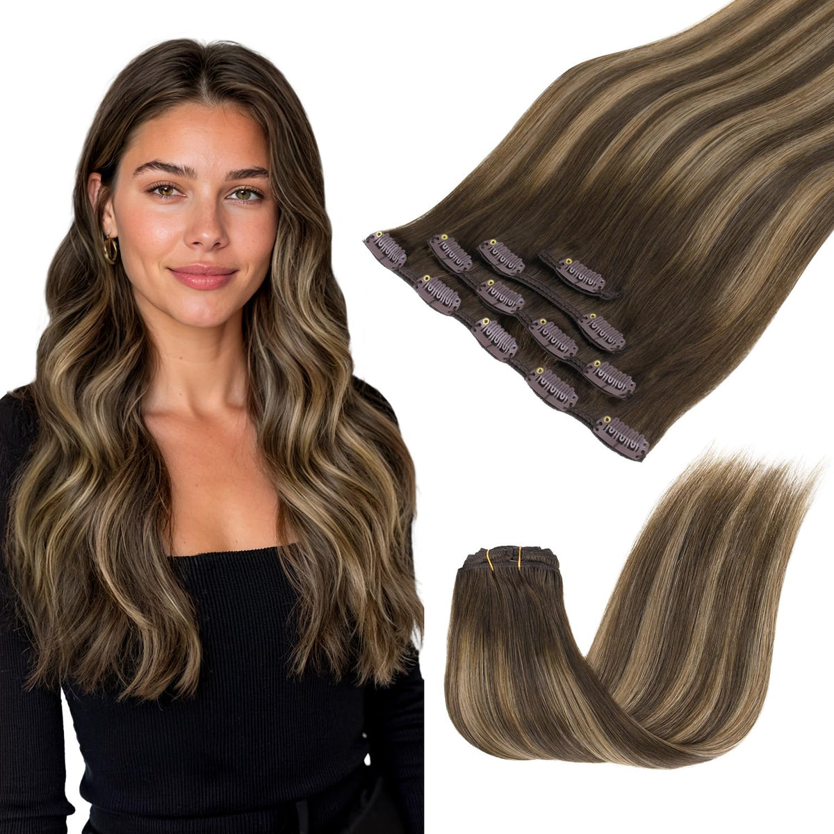 GOO GOO Clip in Hair Extensions 14inch 4Pcs Balayage front view