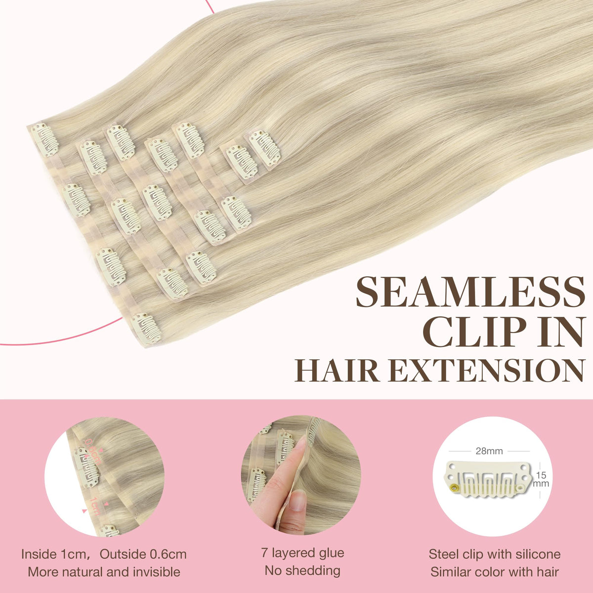 GOO GOO Clip in Hair Extensions 14inch Ash Blonde close-up of clips