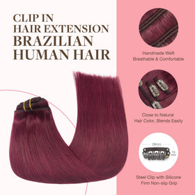 GOO GOO Clip in Hair Extensions 14inch Burgundy close-up of clips