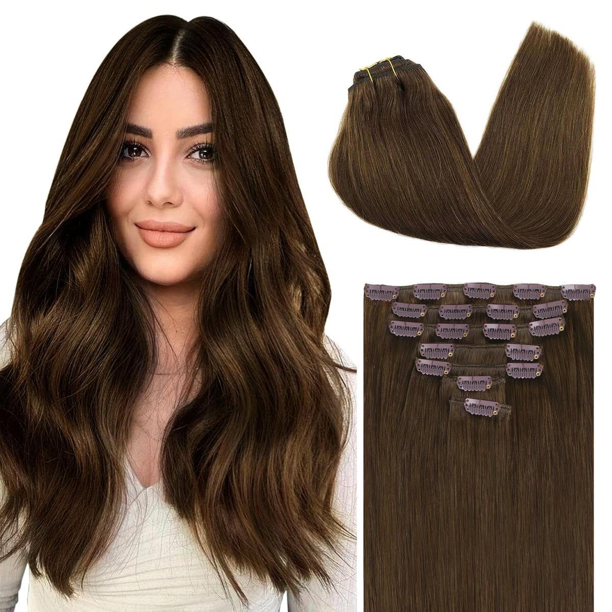 GOO GOO Clip in Hair Extensions 14inch Chocolate Brown front view