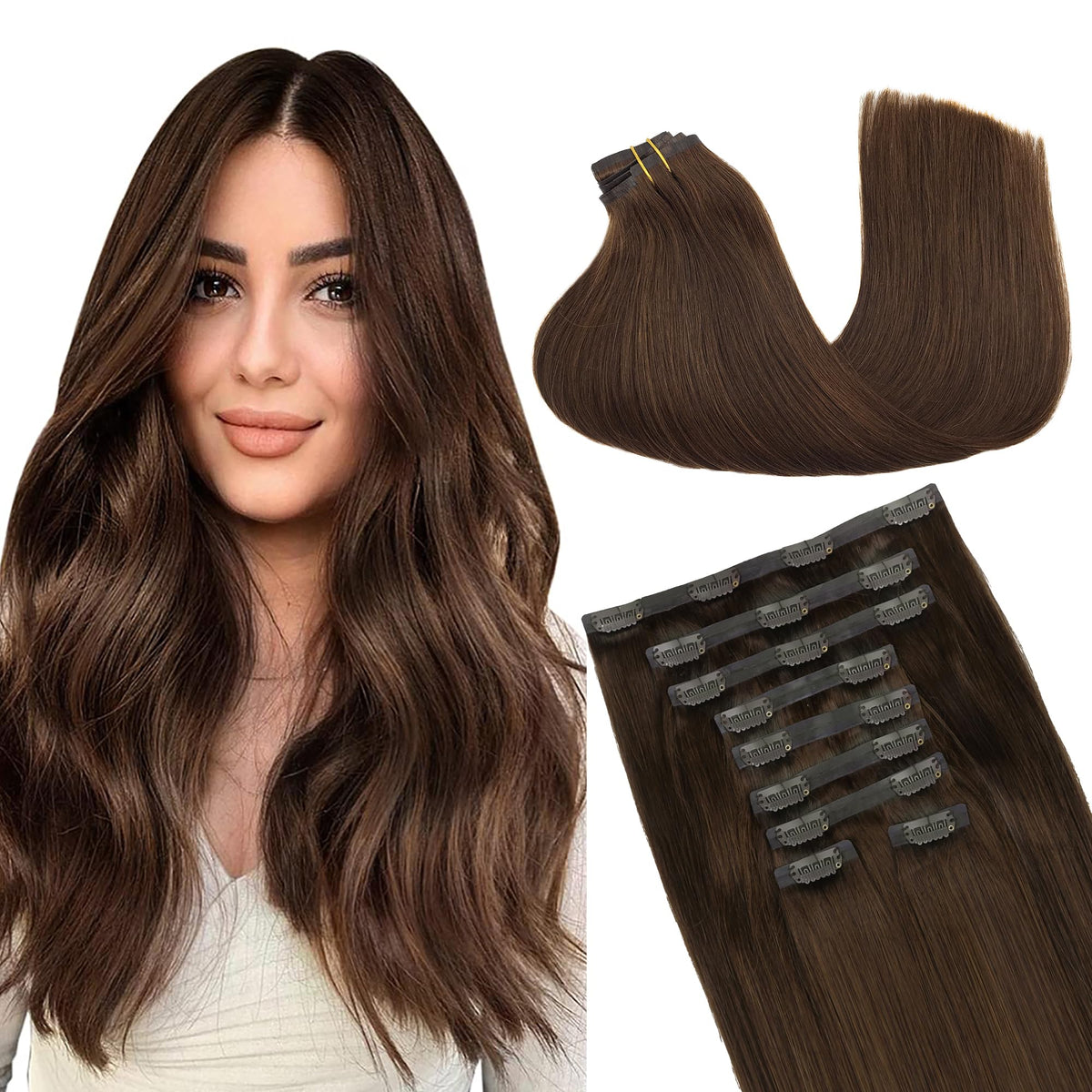 GOO GOO Clip in Hair Extensions 14inch Chocolate Brown front view