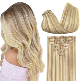 GOO GOO Clip in Hair Extensions 14inch dark blonde highlighted front view