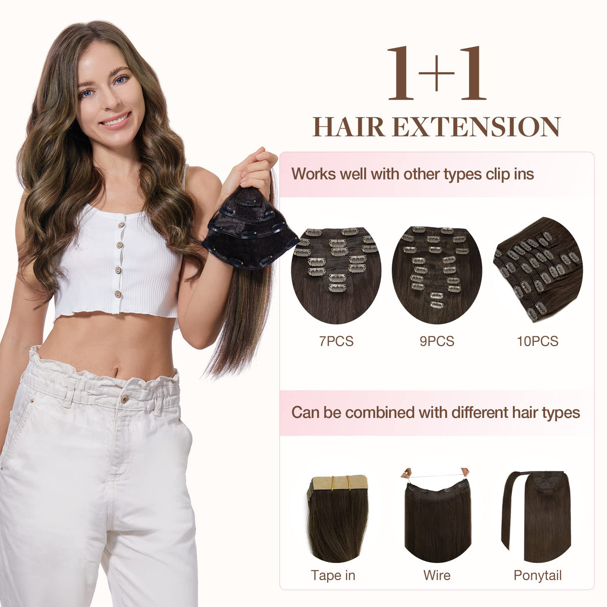 GOO GOO Clip in Hair Extensions 14inch displayed on a model