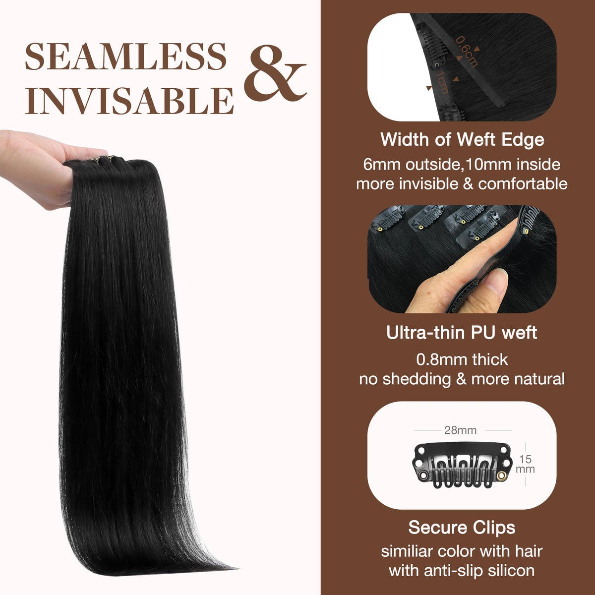 GOO GOO Clip in Hair Extensions 14inch Jet Black close-up of clips