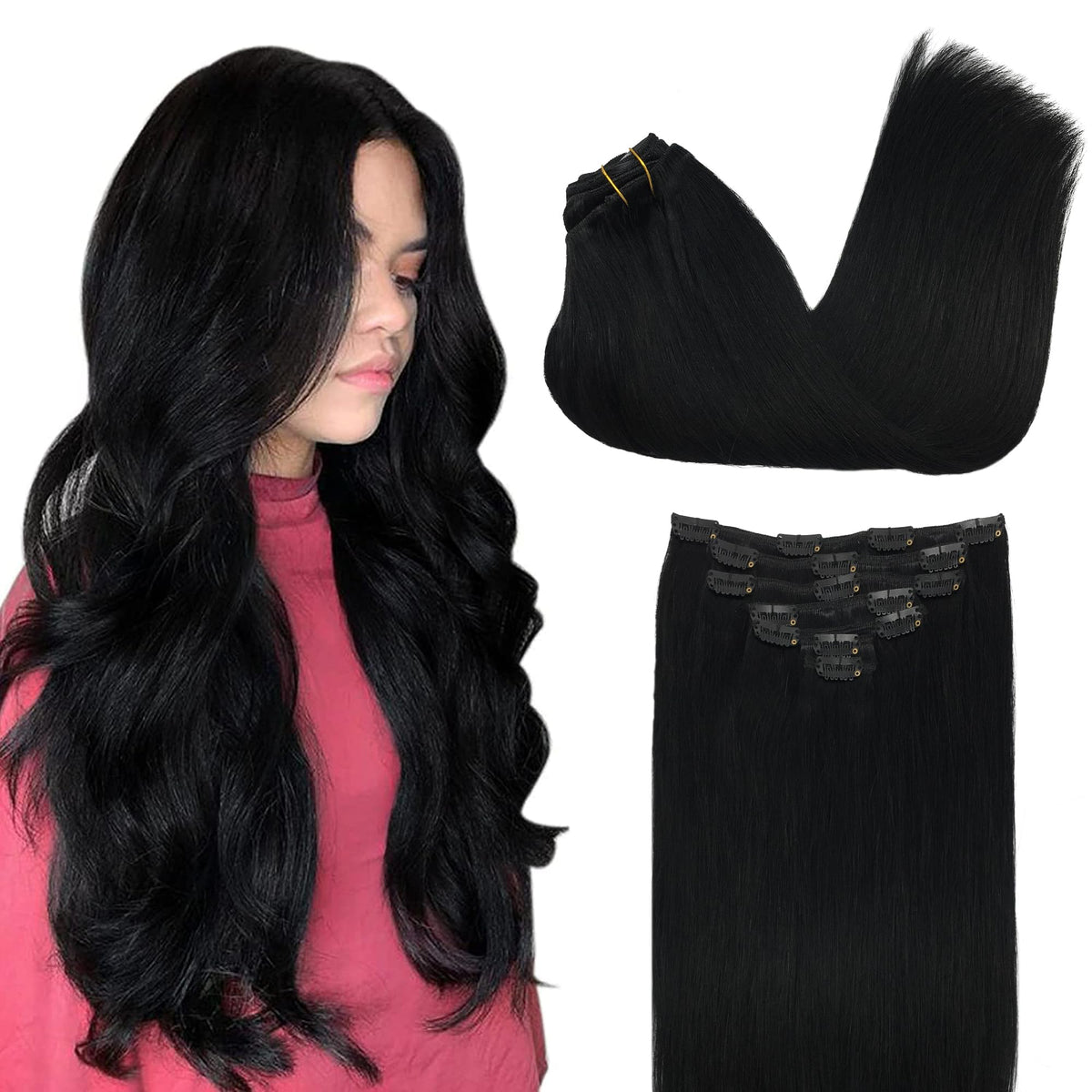 GOO GOO Clip in Hair Extensions 14inch Jet Black front view