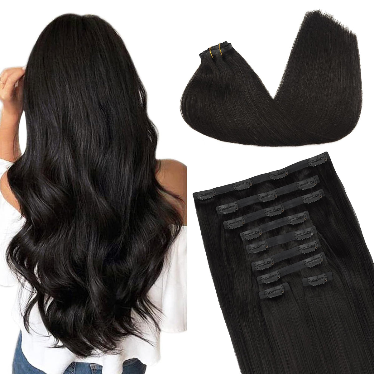 GOO GOO Clip in Hair Extensions 14inch Natural Black front view