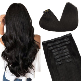 GOO GOO Clip in Hair Extensions 14inch Natural Black front view