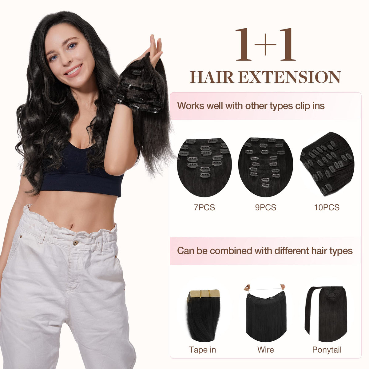 GOO GOO Clip in Hair Extensions 14inch styled on model