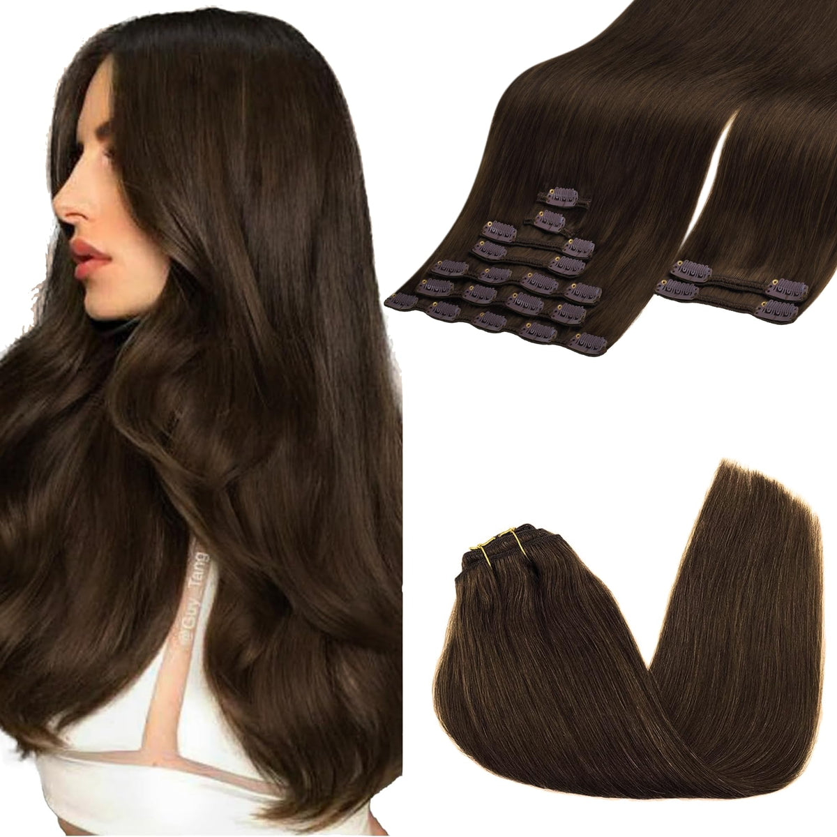 GOO GOO Clip in Hair Extensions 150g 18inch Chocolate Brown front view