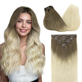 GOO GOO Clip in Hair Extensions 16inch 120g Balayage Ash Brown to Platinum Blonde front view