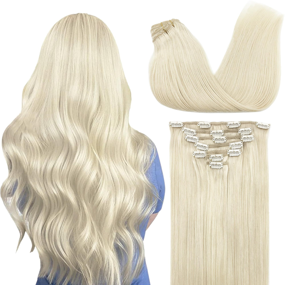 GOO GOO Clip in Hair Extensions 16inch 60A Platinum Blonde front view