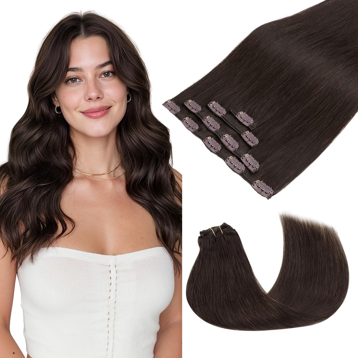 GOO GOO Clip in Hair Extensions 16inch dark brown front view