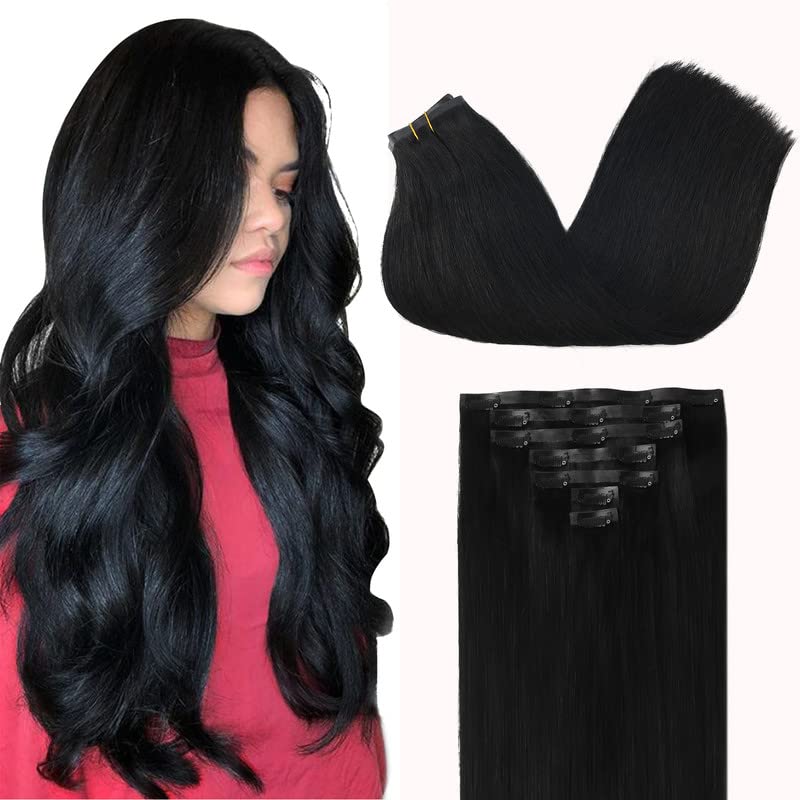 GOO GOO Clip in Hair Extensions 16inch Jet Black front view