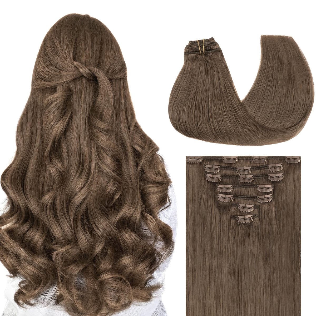GOO GOO Clip in Hair Extensions 16inch Light Ash Brown front view