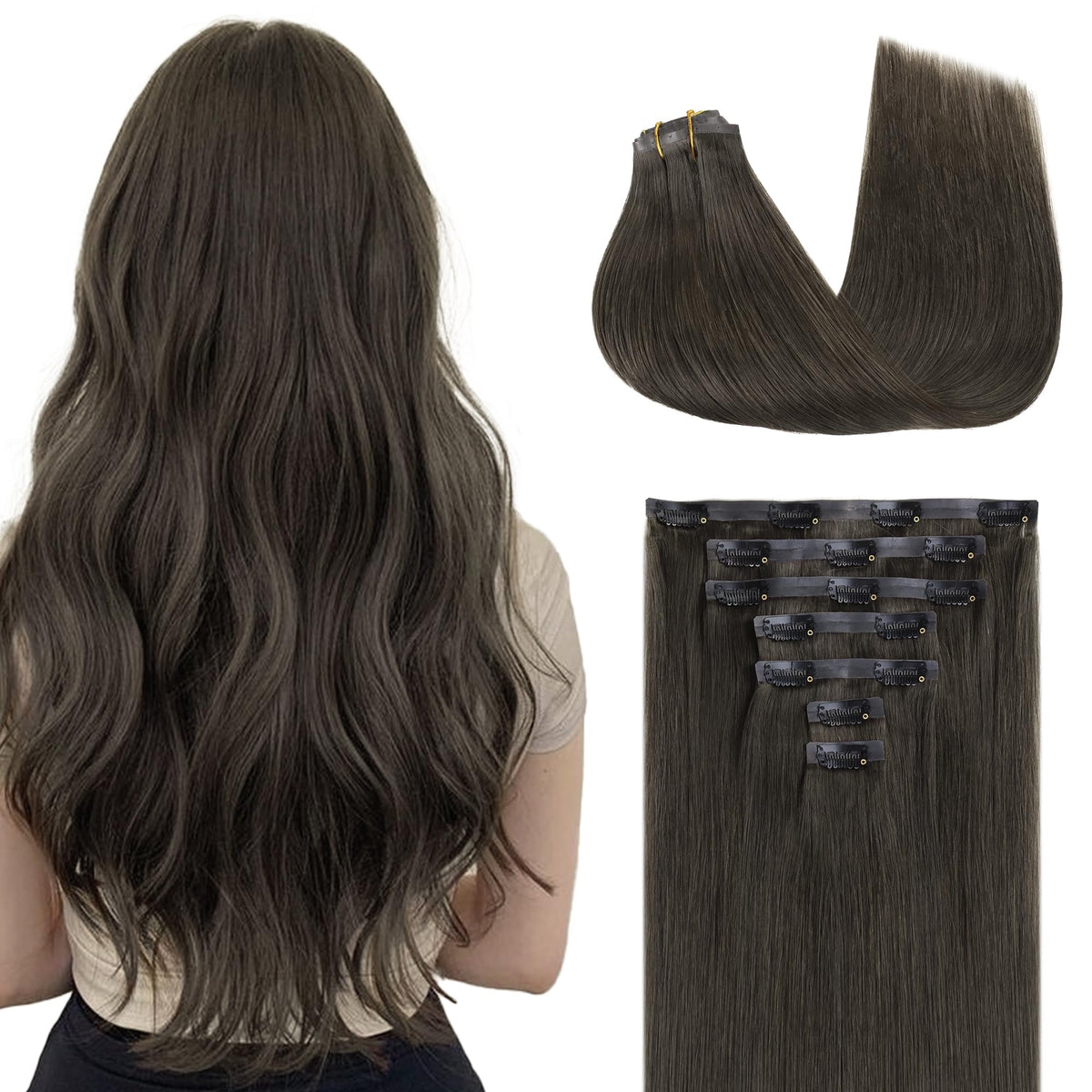 GOO GOO Clip in Hair Extensions 16inch Mocha Brown front view
