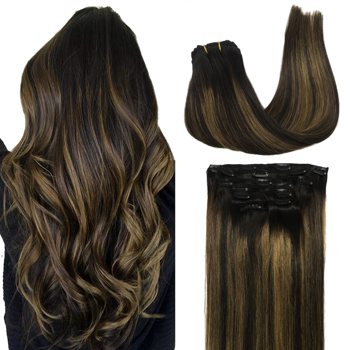 GOO GOO Clip in Hair Extensions 16inch natural black to chestnut brown