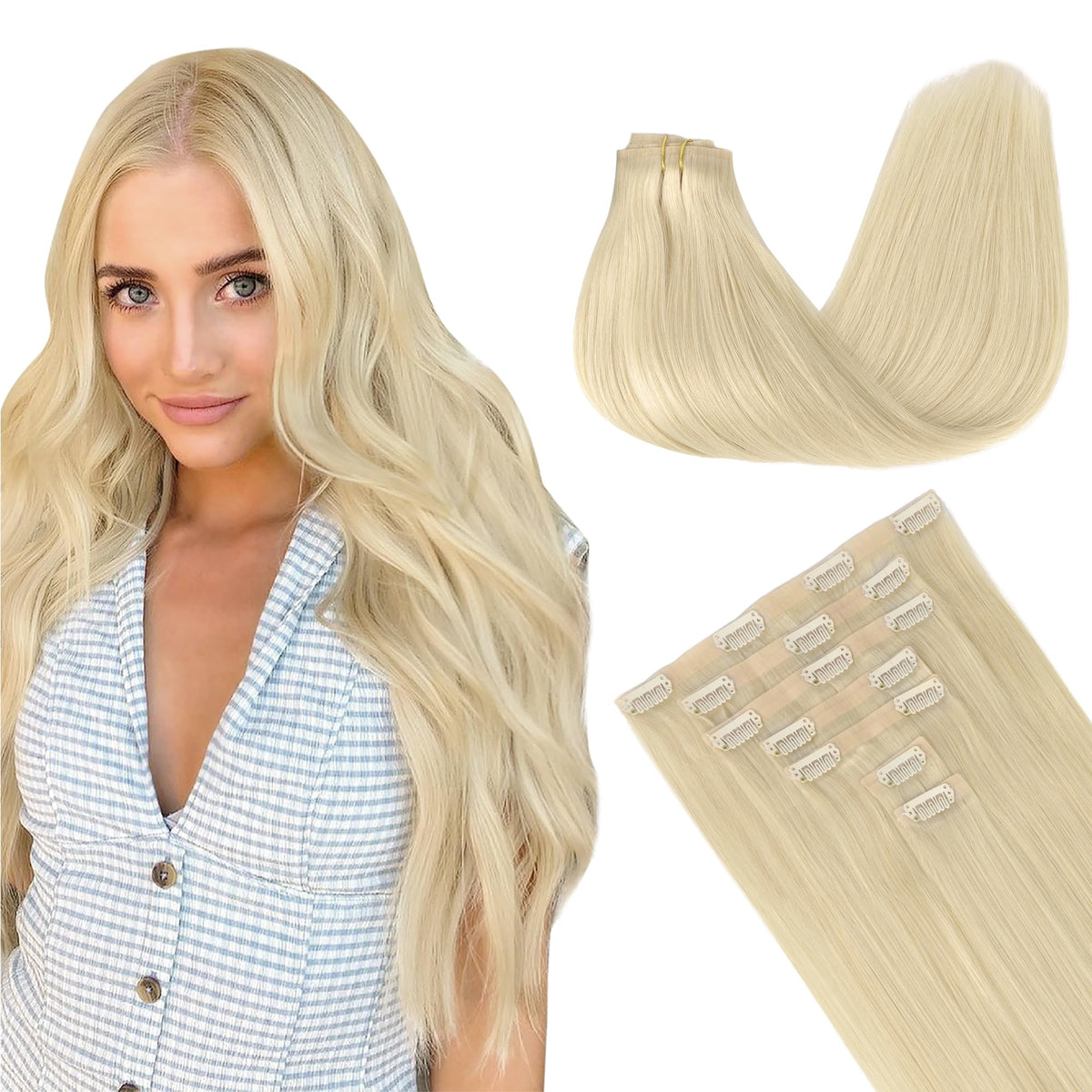 GOO GOO Clip in Hair Extensions 16inch Platinum Blonde front view