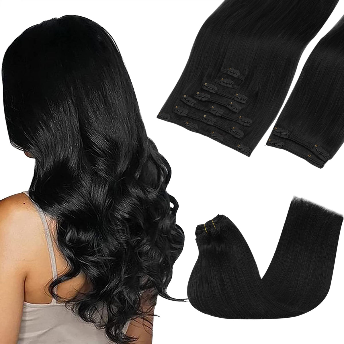 GOO GOO Clip in Hair Extensions 18 inch Jet Black front view