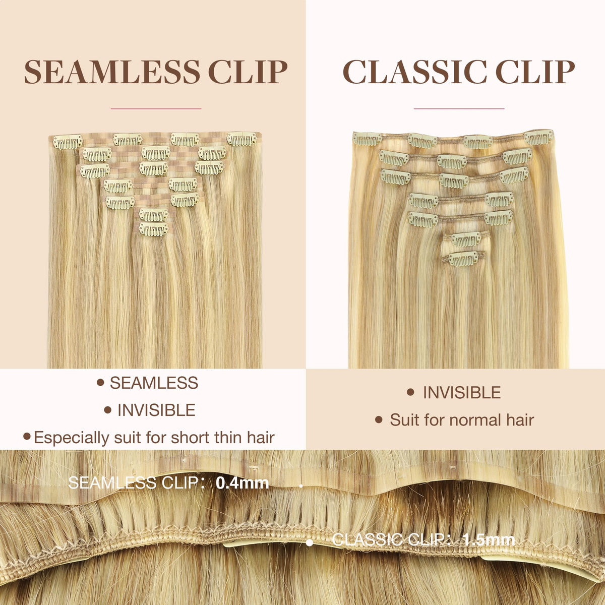 GOO GOO Clip in Hair Extensions 18inch 110g close-up of clips