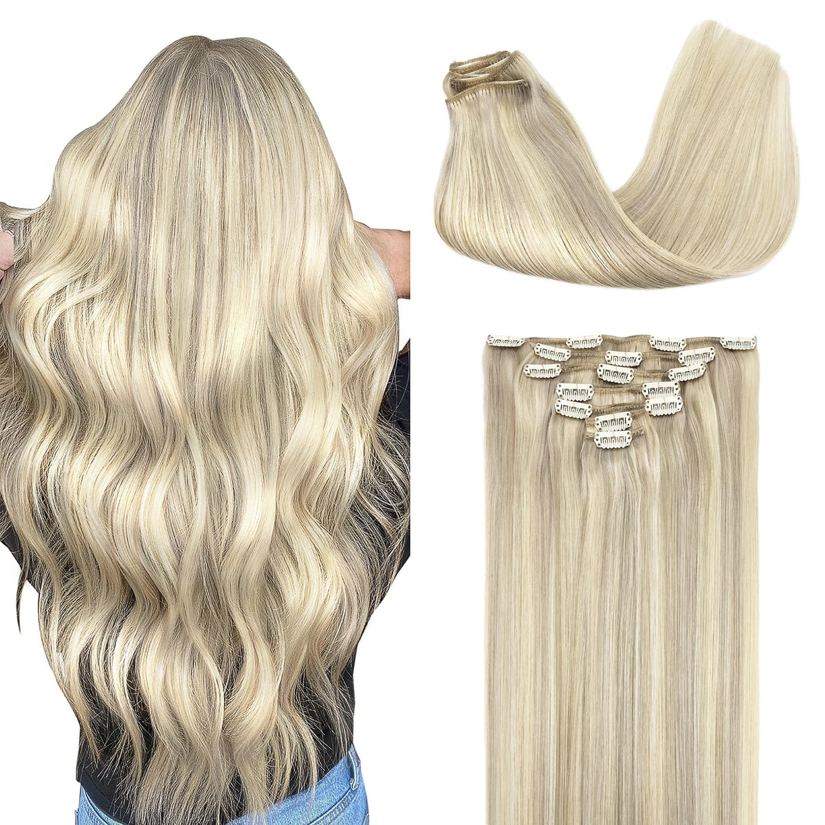 GOO GOO Clip in Hair Extensions 18inch Ash Blonde front view
