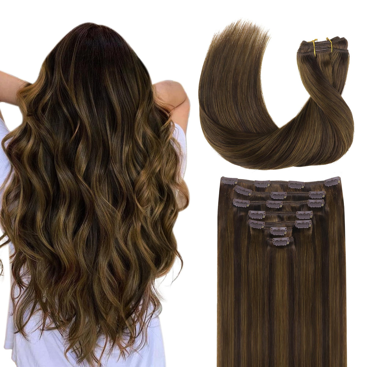 GOO GOO Clip in Hair Extensions 18inch Brown Sugar Swirl front view
