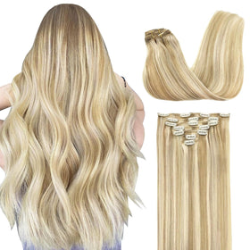 GOO GOO Clip in Hair Extensions 18inch dark blonde highlighted front view