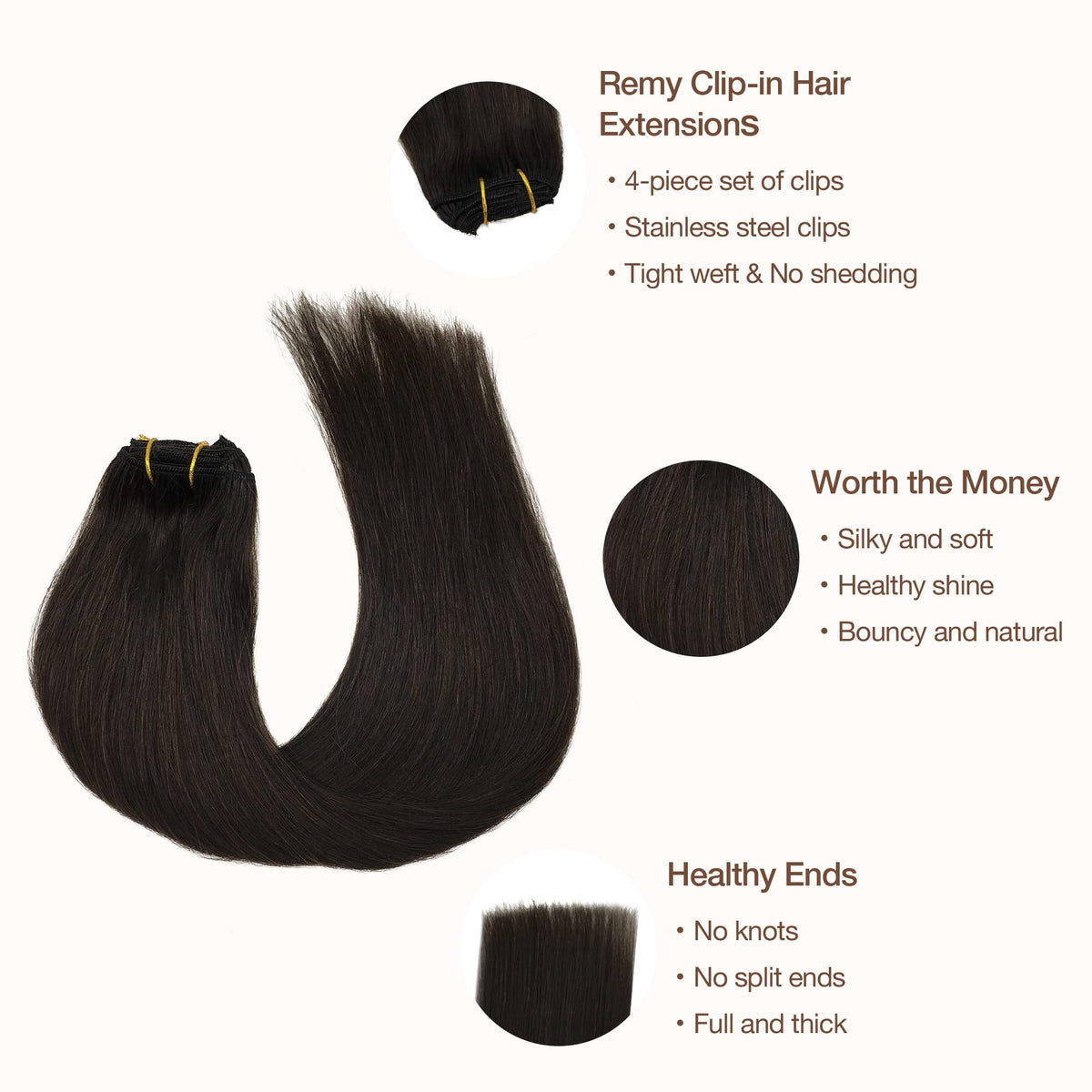 GOO GOO Clip in Hair Extensions 18inch Dark Brown close-up of clips