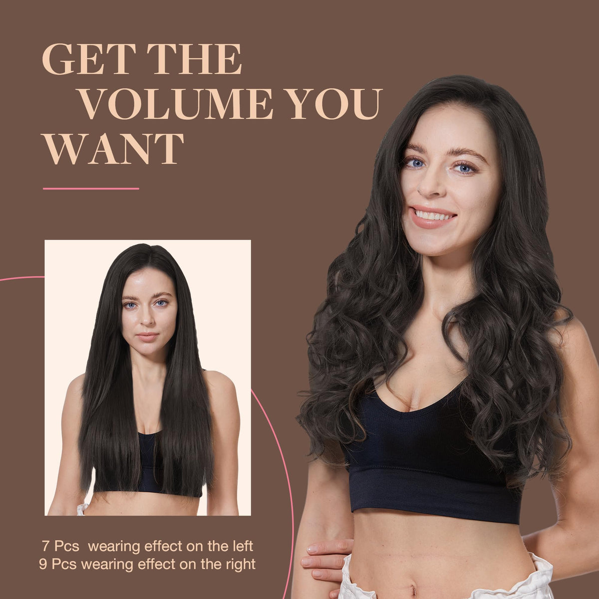 GOO GOO Clip in Hair Extensions 18inch dark brown displayed on a table
